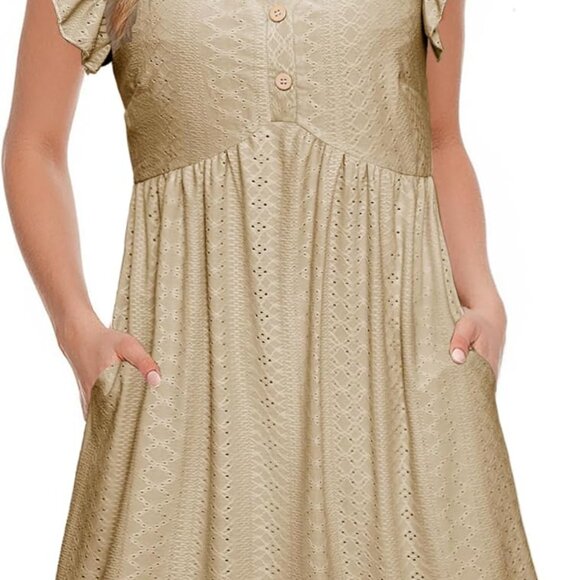 Womens Casual Summer Short Dress Eyelet Pockets Ruffle Sleeves Mini Boho - Picture 1 of 7